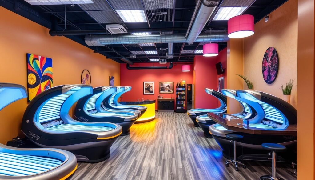 Image of a tanning salon with various tanning beds and a reception area.