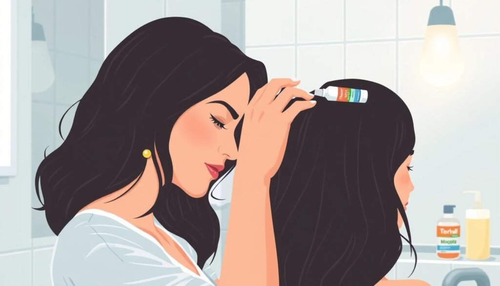 Image of a woman applying Minoxidil to her scalp