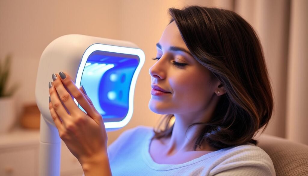 Image of a woman using a low-level light therapy device for hair loss