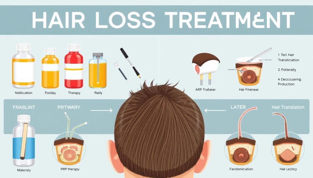 Image of various hair loss treatments, including medication, PRP therapy, and hair transplantation.