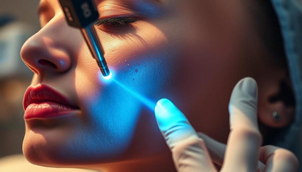 Intricate close-up of a person's face undergoing laser treatment for acne scarring, with the TKMD laser visible and directed at the skin. Soft, warm lighting illuminates the treatment area, casting delicate shadows. Blurred background showcases a modern, sterile medical environment. The subject's expression conveys a sense of calm and focus as the treatment progresses. The image captures the precision and care required for this specialized procedure, highlighting the TKMD laser's capabilities in addressing stubborn acne scars. Intricate close-up of a person's face undergoing laser treatment for acne scarring, with the TKMD laser visible and directed at the skin. Soft, warm lighting illuminates the treatment area, casting delicate shadows. Blurred background showcases a modern, sterile medical environment. The subject's expression conveys a sense of calm and focus as the treatment progresses. The image captures the precision and care required for this specialized procedure, highlighting the TKMD laser's capabilities in addressing stubborn acne scars.