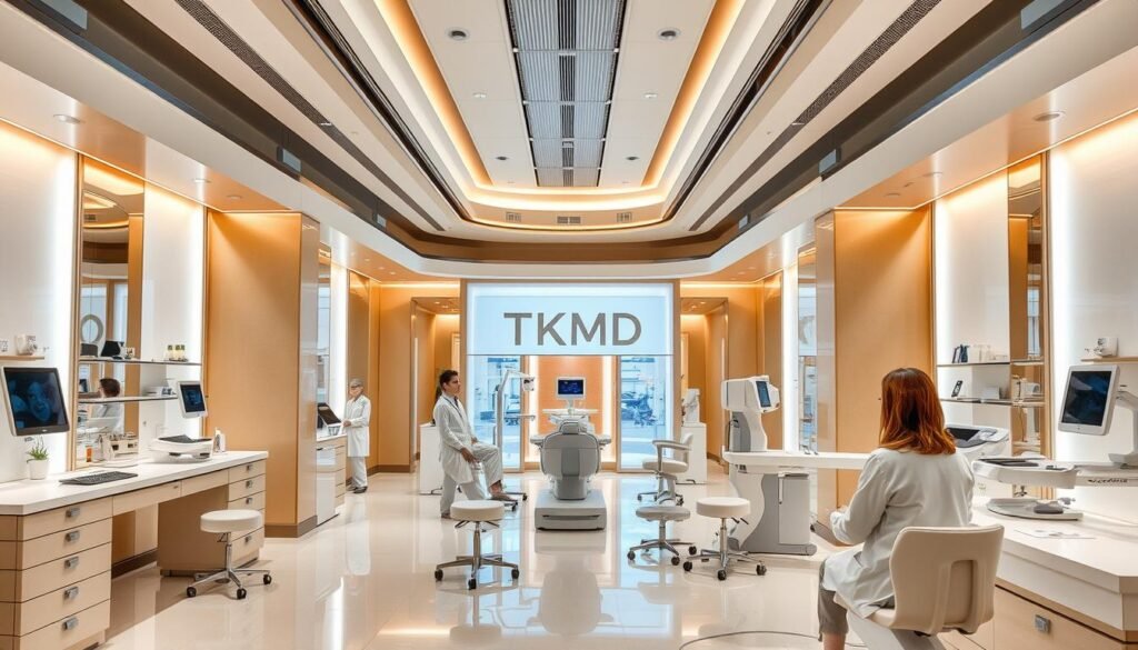 Intricate medical facility with state-of-the-art dermatology and anti-aging services from TKMD. Sleek, modern architecture in warm, neutral tones. Elegant lobby with natural lighting, clean lines, and soothing ambiance. Skilled practitioners in sterile, well-equipped examination rooms. Advanced diagnostic technology and cutting-edge treatment options for rejuvenating skin and combating signs of aging. Patients relaxed and confident, trusting the TKMD brand for cosmetic surgery excellence. Intricate medical facility with state-of-the-art dermatology and anti-aging services from TKMD. Sleek, modern architecture in warm, neutral tones. Elegant lobby with natural lighting, clean lines, and soothing ambiance. Skilled practitioners in sterile, well-equipped examination rooms. Advanced diagnostic technology and cutting-edge treatment options for rejuvenating skin and combating signs of aging. Patients relaxed and confident, trusting the TKMD brand for cosmetic surgery excellence.