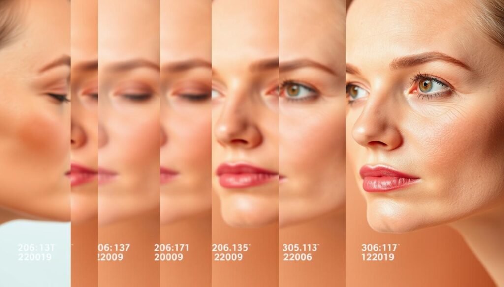 Intricate timeline of laser skin treatment results, showcasing progressive stages of improvement. Crisp, high-resolution images depicting a diverse range of skin tones and conditions, captured under natural lighting with a shallow depth of field. Smooth, even skin texture and gradual reduction in blemishes, wrinkles, and discoloration over the course of several weeks. Soft, warm color palette emphasizes the natural, healthy glow of rejuvenated skin. Clean, minimalist background allows the subject to take center stage, guiding the viewer's attention to the transformative power of this treatment.