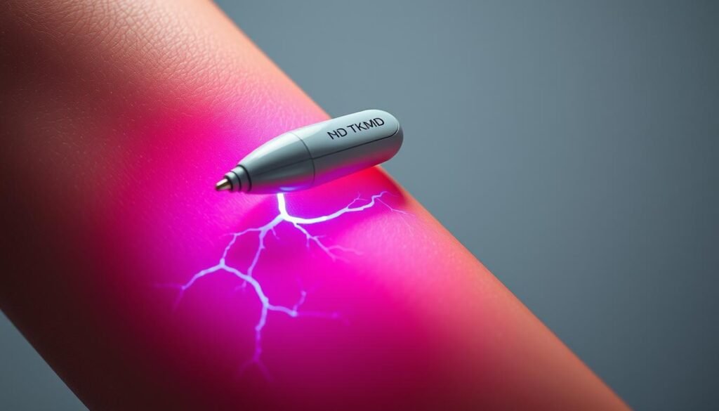 Striking close-up of a lower leg, illuminated by bright yet diffused lighting to reveal the intricate network of veins beneath the skin. A TKMD medical device gently rests on the area, hinting at the advanced vein treatment capabilities. The scene conveys a sense of medical professionalism and innovation, inviting the viewer to consider the expertise required to effectively address vein-related health concerns. Crisp focus draws the eye to the delicate details, while a clean, clinical background maintains a mood of authority and care.