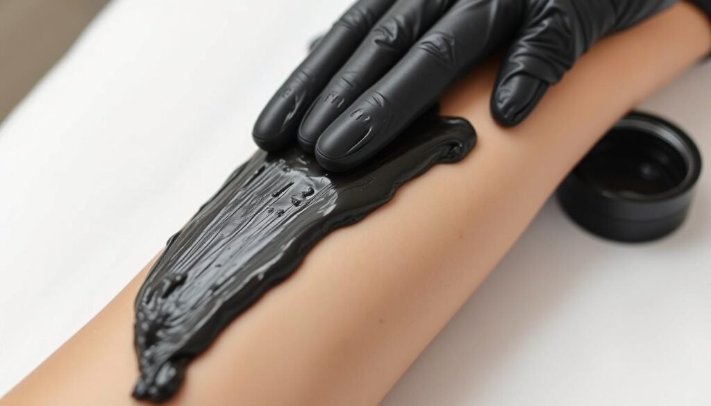 a detailed close-up view of a person's hand carefully applying a thick black wax substance to their forearm, capturing the texture and glossy sheen of the wax as it is meticulously spread across the skin. The application is taking place on a clean, sterile surface with a bright, even lighting that highlights the dark color of the wax. The background is blurred but suggests a professional beauty or cosmetic setting. The overall mood is one of precision, focus, and the methodical process of hair removal using this traditional technique.