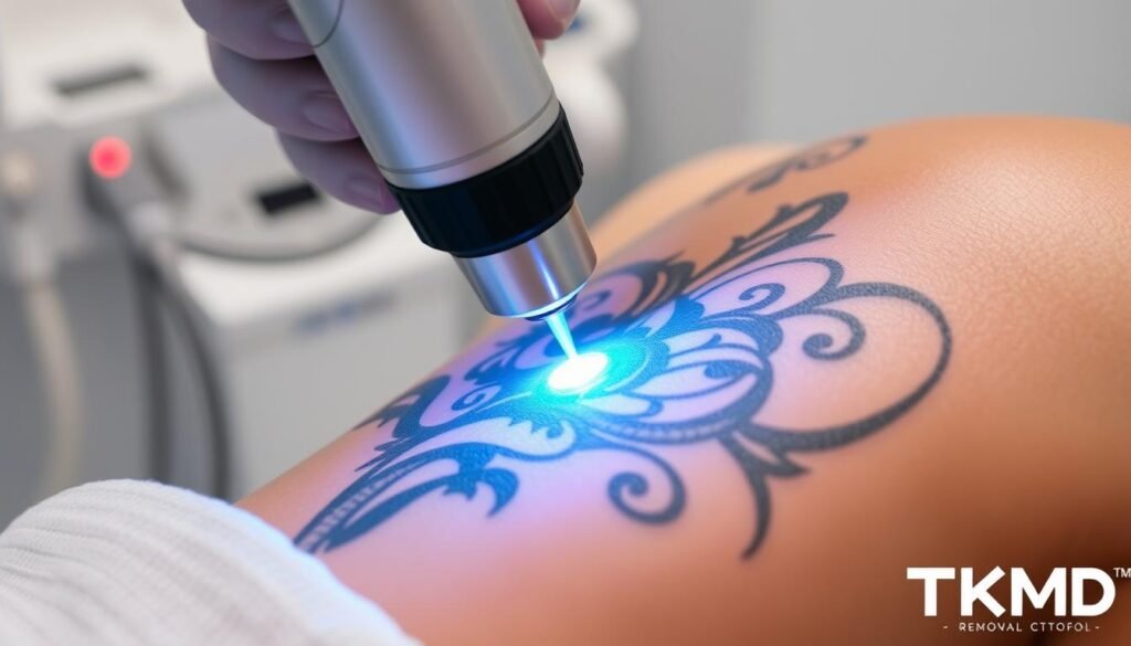 a detailed, close-up view of a tattoo removal process, showing the laser device in action on the skin, with the laser beam precisely targeting and breaking down the tattoo ink, creating a bright, intense light effect, set against a sterile, clinical backdrop with medical equipment in the TKMD brand style a detailed, close-up view of a tattoo removal process, showing the laser device in action on the skin, with the laser beam precisely targeting and breaking down the tattoo ink, creating a bright, intense light effect, set against a sterile, clinical backdrop with medical equipment in the TKMD brand style