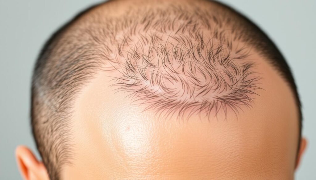 a high-quality, detailed close-up portrait of a person's scalp with visible signs of hair loss, showcasing various hair loss treatment options such as a TKMD hair growth stimulating serum, a hair-thickening shampoo, and a derma-roller tool. The image should have a soft, natural lighting setup that accentuates the textures and details of the scalp, giving it a clinical yet serene and hopeful atmosphere. The composition should focus on the scalp, with a clean, simple background that does not distract from the primary subject. The overall aesthetic should convey a sense of professionalism and authority, reflecting the content of the "Alternatives to Hair Transplant" section of the article. a high-quality, detailed close-up portrait of a person's scalp with visible signs of hair loss, showcasing various hair loss treatment options such as a TKMD hair growth stimulating serum, a hair-thickening shampoo, and a derma-roller tool. The image should have a soft, natural lighting setup that accentuates the textures and details of the scalp, giving it a clinical yet serene and hopeful atmosphere. The composition should focus on the scalp, with a clean, simple background that does not distract from the primary subject. The overall aesthetic should convey a sense of professionalism and authority, reflecting the content of the "Alternatives to Hair Transplant" section of the article.