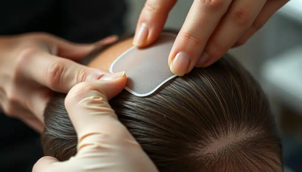 a high-quality, detailed, photorealistic image of the hair patch installation process, showing a close-up view of a person's head with a TKMD hair patch being carefully applied to their scalp. The image should depict the various steps involved, with a focus on the intricate details of the process, such as the careful alignment of the hair patch, the precise application of adhesive, and the blending of the patch with the surrounding hair. The lighting should be soft and natural, with a shallow depth of field to emphasize the focal point. The overall mood should be one of precision, professionalism, and care, conveying the expertise and attention to detail required for a successful hair patch installation.