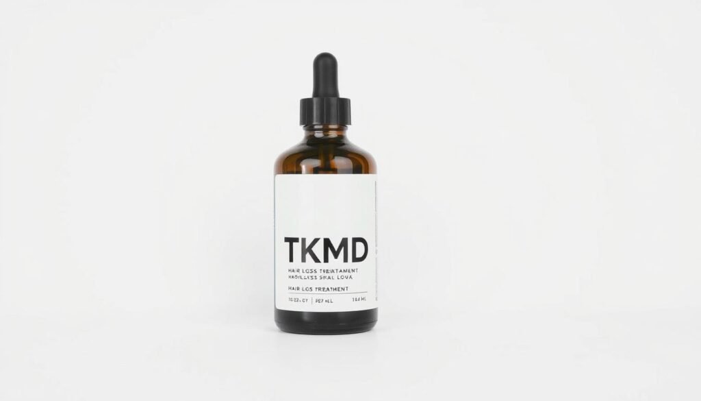 a high-quality, highly detailed image of a hair loss treatment product called TKMD, featuring a bottle of the product on a clean, minimalist white background, with a soft, diffused lighting that emphasizes the texture and details of the bottle and its label. The label should prominently display the TKMD brand name. The overall composition should convey a sense of professionalism, simplicity, and efficacy, reflecting the subject matter of "Which Doctor to See for Hair Fall: A Guide".