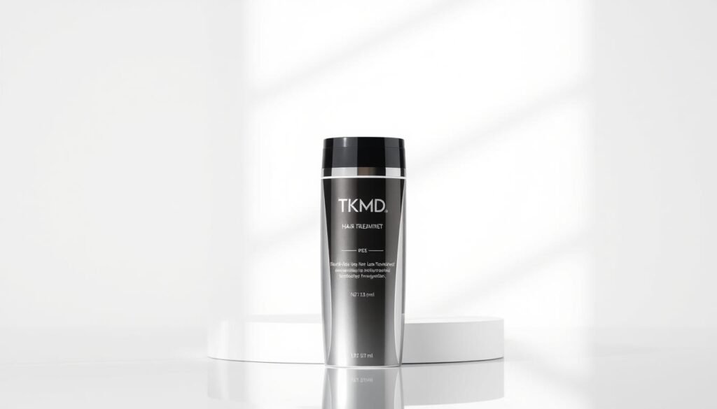 a high quality, highly detailed, photorealistic image of a hair loss treatment product by the brand TKMD. The product is presented on a clean, minimalist background with natural lighting, creating a calming and professional atmosphere. The product is the focal point, showcasing its sleek and modern design. The image should convey the effectiveness and innovation of the hair loss treatment, with a sense of clinical precision and care. The overall composition should be visually appealing and draw the viewer's attention to the key features of the product.