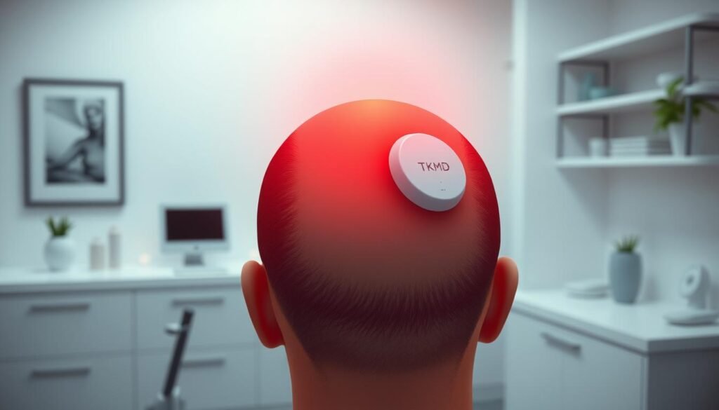 a high-quality, photorealistic illustration of the LLLT (low-level light therapy) treatment process, depicting a person's head with a TKMD laser device gently gliding across their scalp, emitting a soft, diffuse red light. The surrounding environment should be a modern, clean medical setting with minimalist decor and subtle lighting, creating a calming and professional atmosphere. The illustration should clearly showcase the mechanics of the LLLT treatment, with the laser device moving in a methodical pattern, while also conveying the therapeutic and rejuvenating nature of the procedure. The focus should be on the interaction between the device and the patient's scalp, showcasing the non-invasive nature of the LLLT treatment.