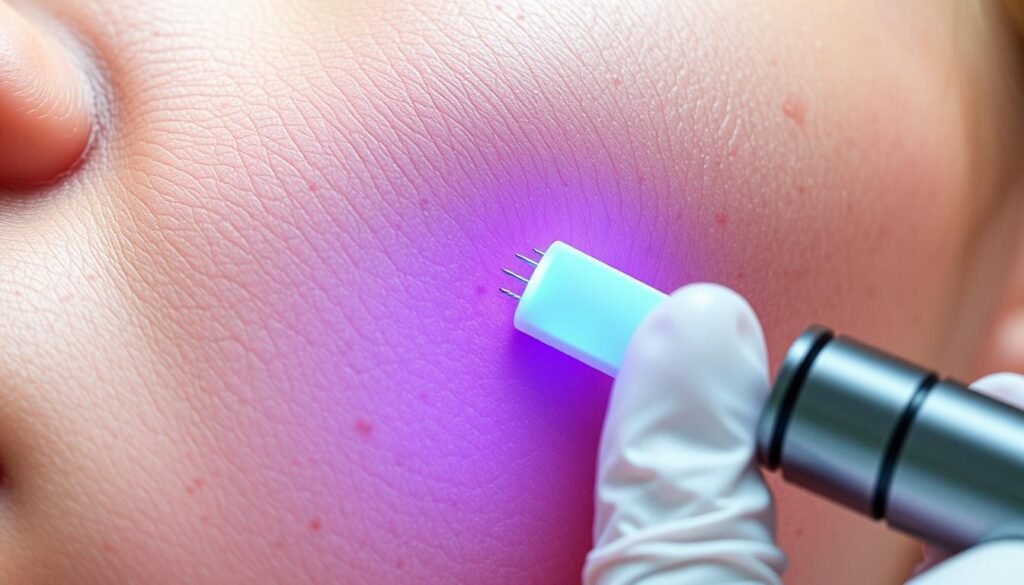 a highly detailed, hyper-realistic, close-up illustration of a TKMD RF microneedling device being used to treat acne scars on a person's face. The skin surface is visibly textured and uneven, with prominent pitted scars and discoloration. The microneedling device is gently pressed against the skin, with several fine, hair-like needles visibly penetrating the epidermis. The treatment is performed in a clean, clinical-looking environment, with bright, directional lighting illuminating the scene. The focus is sharp, and the depth of field is shallow, keeping the device and skin in focus while blurring the background. The overall mood is one of medical precision and the promise of improved skin texture and appearance.