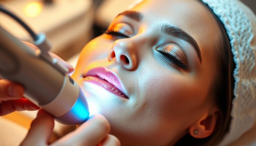 a highly detailed, photorealistic image of a woman's face undergoing a TKMD facial laser treatment, with the laser beam visibly illuminating the skin and the technician's hands operating the laser device in the foreground, capturing the clinical yet soothing atmosphere of a professional medical spa setting, lit by warm, diffused lighting that highlights the patient's relaxed expression and the intricate details of the laser's precision, all shot from a slightly elevated, angled perspective to create depth and emphasize the technical nature of the procedure