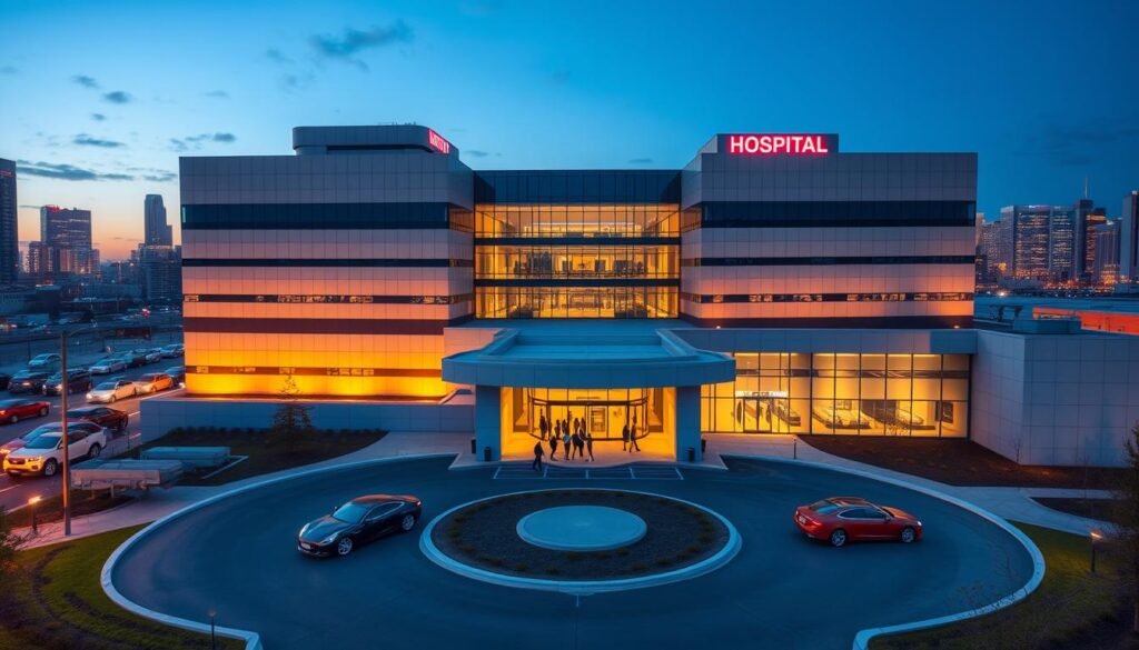 a large, modern hospital building with a sleek, contemporary design featuring clean lines and large glass windows, set against a backdrop of a bustling city skyline with skyscrapers and a clear blue sky. In the foreground, there is a circular driveway with luxury cars and people entering the building, giving a sense of professionalism and exclusivity. The building's exterior is illuminated by warm, directional lighting, casting dramatic shadows and highlighting the architectural details. The overall atmosphere conveys a sense of advanced medical care, advanced technology, and a commitment to patient comfort and luxury. a large, modern hospital building with a sleek, contemporary design featuring clean lines and large glass windows, set against a backdrop of a bustling city skyline with skyscrapers and a clear blue sky. In the foreground, there is a circular driveway with luxury cars and people entering the building, giving a sense of professionalism and exclusivity. The building's exterior is illuminated by warm, directional lighting, casting dramatic shadows and highlighting the architectural details. The overall atmosphere conveys a sense of advanced medical care, advanced technology, and a commitment to patient comfort and luxury.