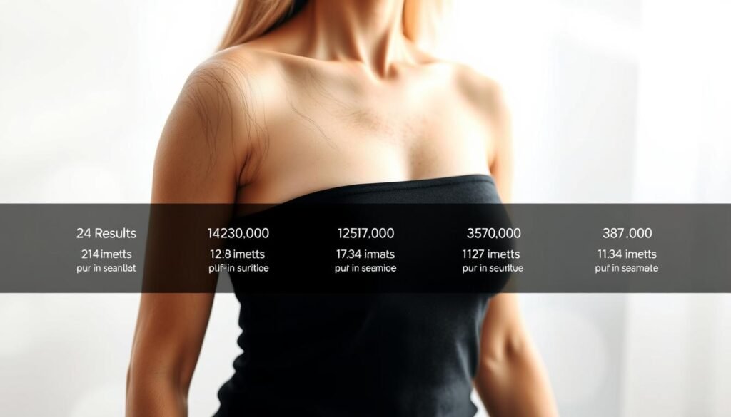 a photorealistic image of a woman's underarm area, depicting the results and timeline of a laser hair removal treatment, against a clean, minimalist background with soft white lighting and a slightly blurred, atmospheric effect to draw the viewer's focus to the treatment area. The image shows the gradual reduction of hair density over multiple sessions, with the final result showcasing smooth, hair-free skin. The overall mood is clinical yet aesthetically pleasing, mirroring the professionalism and effectiveness of the laser hair removal process.