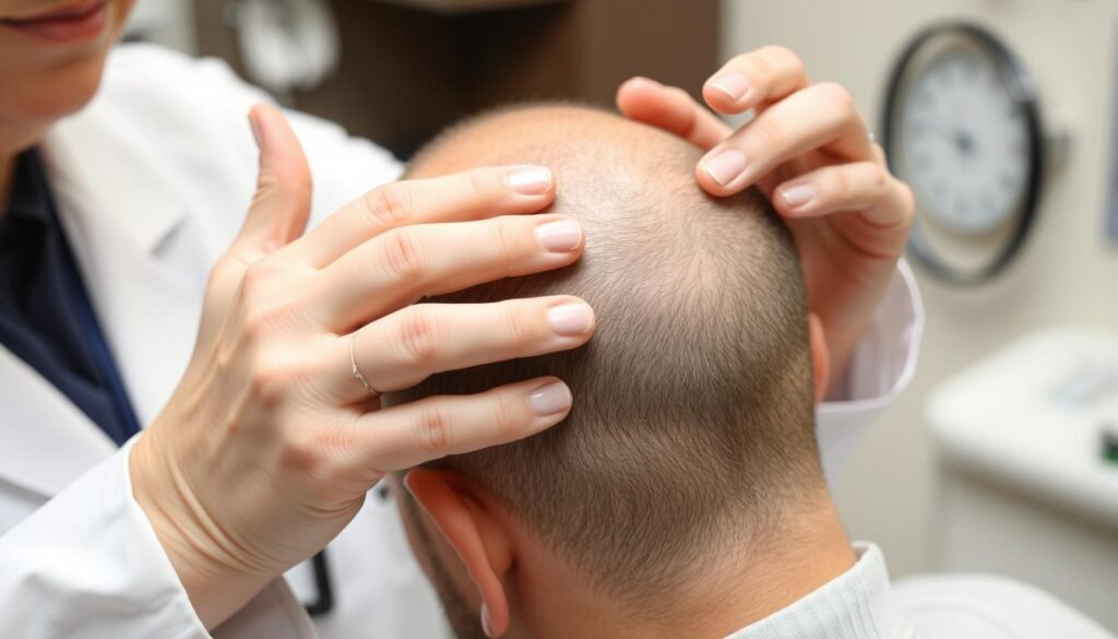 dermatologist examining a patient's scalp