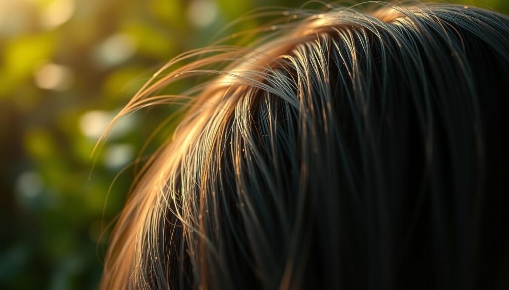 high detailed, cinematic, close-up shot of lush, shiny, healthy hair growth, finely textured individual strands flowing from a scalp in the foreground, illuminated by soft, warm natural lighting from above, with a blurred, out-of-focus background of greenery and foliage, creating a serene, calming atmosphere, the hair showcasing the transformative power of TKMD hair care products