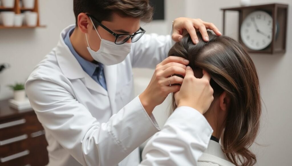 trichologist examining a patient's hair